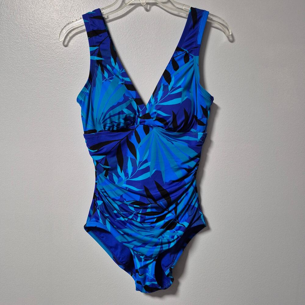 Miracle Brands One Piece Swimsuit Tropical Palms Blue Medium (8-10)
